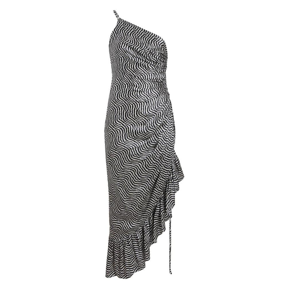 One-Shoulder Black & White Wave-Print Midi Dress with Ruching
